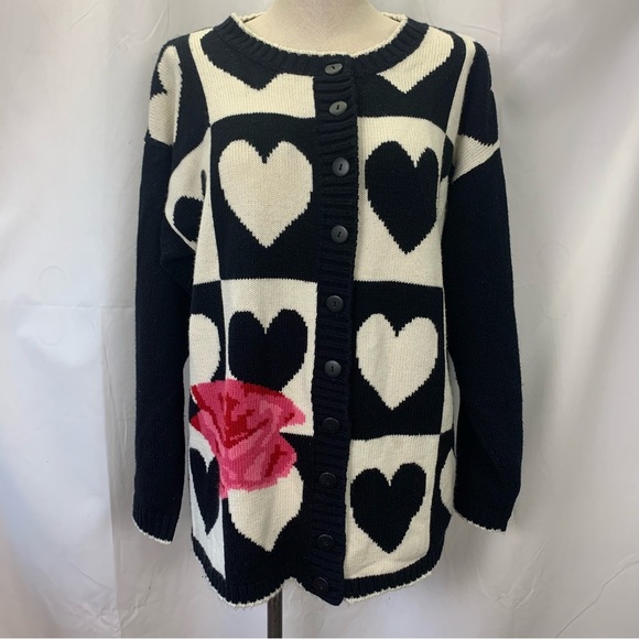 Vintage Black and White Heart Cardigan with Rose Design - Picture 2 of 8